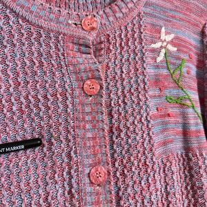 Vtg Sweater Pink Blue Marled Floral Embroidered Cardigan cottagecore grandma 80s